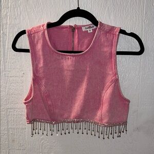 GeeGee Pink Denim Crop Top with Diamond Tassels – Size Small